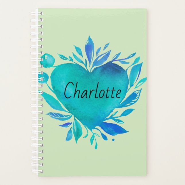 Agenda Charlotte Personalizada Blue Watercolor Heart (Frente)