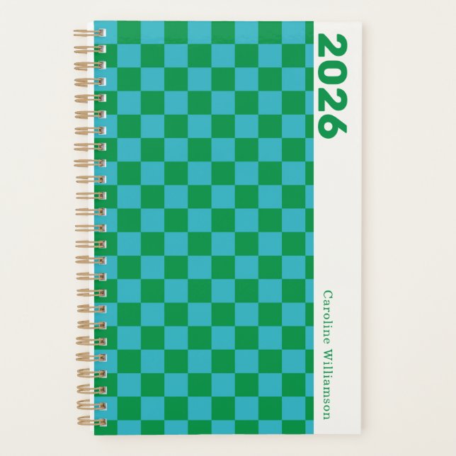 Agenda Checkerboard Blue Green Retro Personalizado 2025 (Frente)