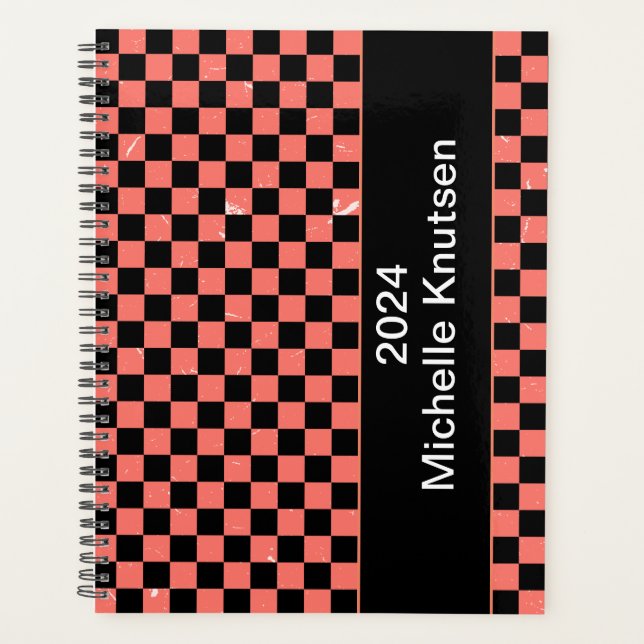 Agenda Checkerboard rosa e preto personalizado 2024 (Frente)