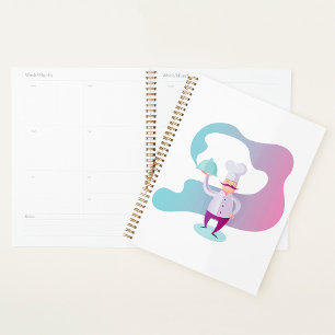 Agenda Chef sorridente com bigode e bandeja de serviço