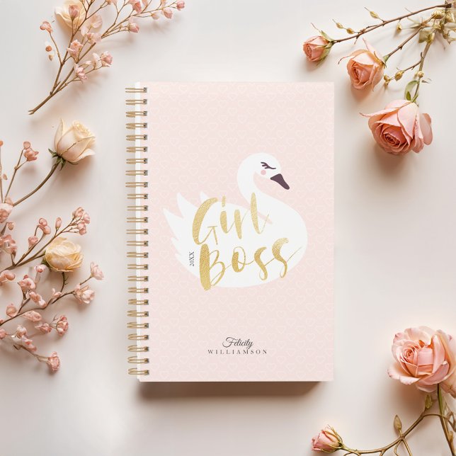 Agenda Chefe Garota | Swan e Bolinhas Brancos Chic (Girl Boss | Chic Girly White Swan & Polka Dot Planner)