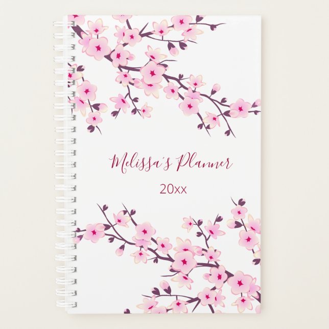 Agenda Cherry Blossomo Branco Cor-De-Rosa Adicionar Nome  (Frente)