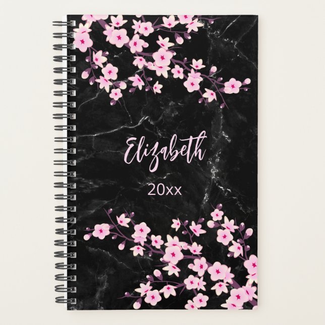 Agenda Cherry Blossomo Preto Marble Cor-de-Rosa (Frente)