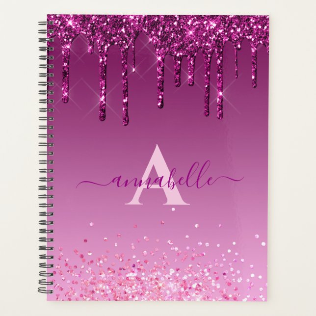 Agenda Chic Faux Dark Pink Glitter Drives Monograma Nome (Frente)