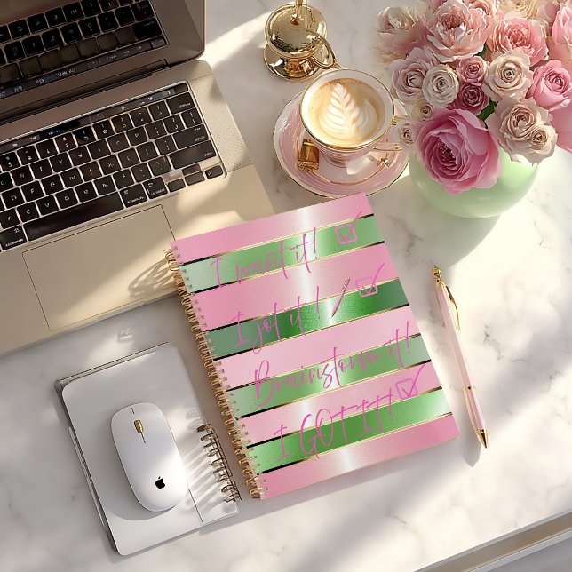 Agenda Chic Motivational Striped Pink and Green Quote  (Chic Motivational Quote Pink and Green Striped Planner/Glossy Soft Cover (pictured) or Matte Hard )