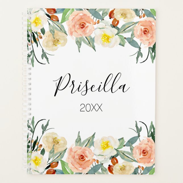 Agenda Chic Peach e Cream Watercolor Flowers Mensalmente (Frente)