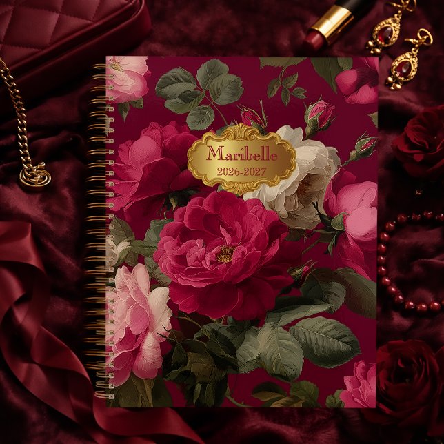 Agenda Chic Vintage Rose Red Floral  Monogrammed  (Chic Vintage Romantic Rose Red Monogrammed Planner )