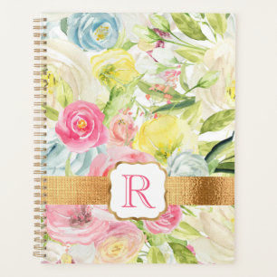 Agenda Chique Bonito de Rosas de Aquarela Rosa Monograma