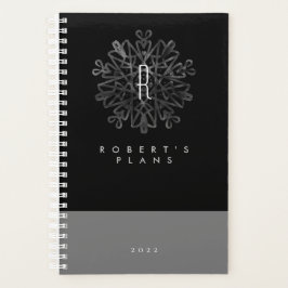 Agenda Chique Luxuoso Preto e Branco Monogramado Ornado