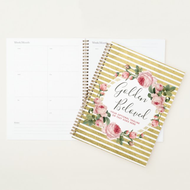 Agenda Chique Vintage Rosas e faixas Douradas modernas (Exibição)