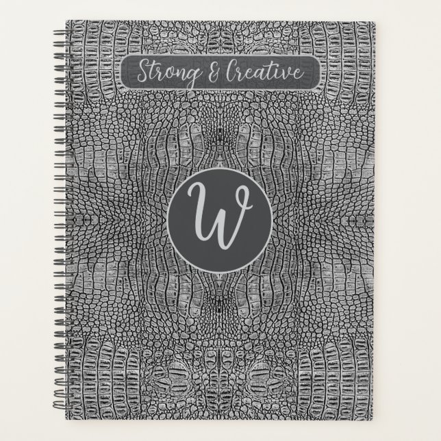 Agenda Cinza Alligator Couro Escala Réptil Monograma (Frente)