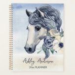 Agenda Cinza azul com nome personalizado das flores<br><div class="desc">Cavalo azul cinza com flores livro personalizado de planificador de nomes para amantes de cavalos.</div>