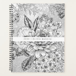Agenda Cinza monocromática Vintage Floral