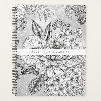 Agenda Cinza monocromática Vintage Floral