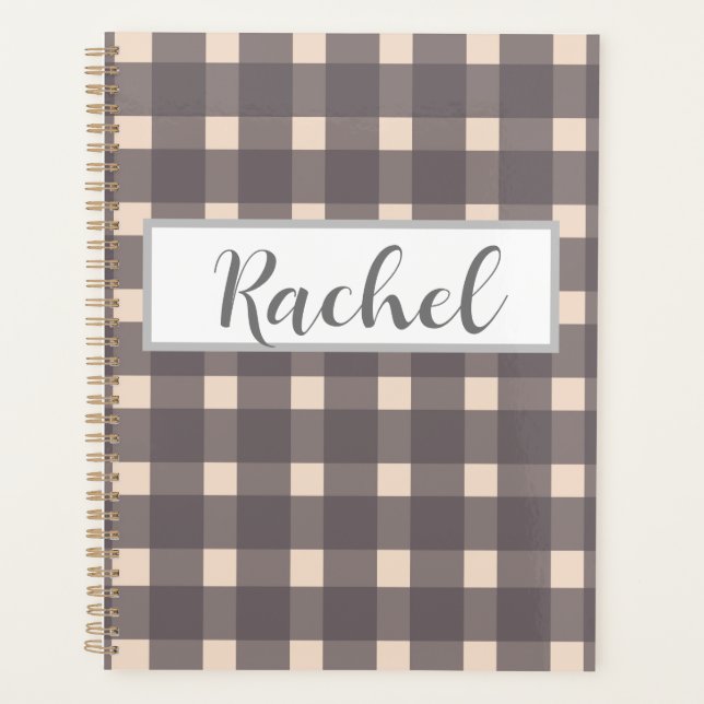 Agenda Cinza Rosa Gingham Personalizado (Frente)