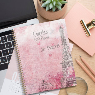 Agenda Cinza Rosa Vintage Je T'aime Eiffel Torre