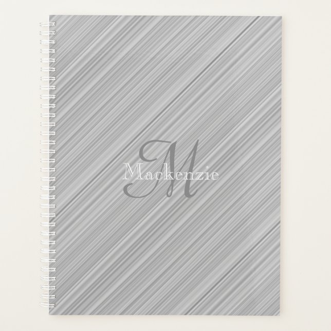 Agenda Cinza White Diagonal Strips Personalizado Nome do  (Frente)