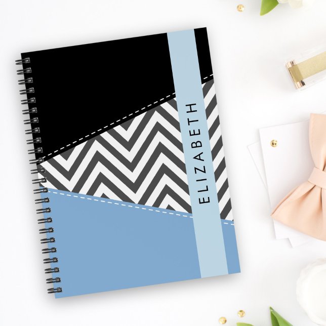 Agenda Cinza Zigzag, Cinza Chevron, Azul, Seu Nome (Criador carregado)