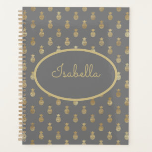 Agenda Cinzas Elegantes e Abacaxi Dourado Personalizados
