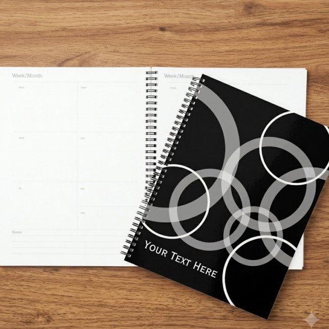 Agenda Círculo Geométrico Preto e Branco Moderno (Stay organized with this modern geometric planner, perfect for busy professionals and students.)