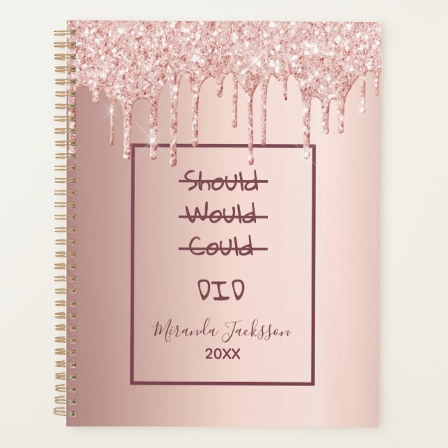 Agenda Citação motivacional em brilho de ouro rosa (Frente)