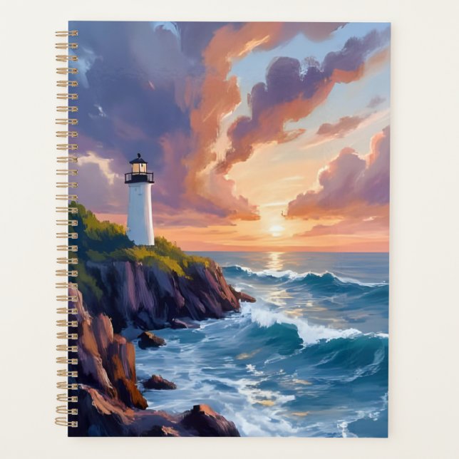Agenda Coastal Lighthouse Sunset | Beach Ocean Painting (Frente)