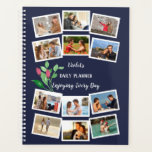Agenda Colagem de Fotografias Azul Cor-de-Água Flor Cor-d<br><div class="desc">Personalize seu planejador com suas fotos, nome e texto personalizado. Este design de modelo está pronto para adicionar 12 das suas fotos favoritas ao cobrir frontal. As duas fotos do meio também aparecerão automaticamente em tamanho maior no verso. O design está sobre fundo azul da meia-noite e decorado com pulverizações...</div>