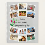 Agenda Colagem de Fotografias com Cinza de Flor de Aquare<br><div class="desc">Personalize seu planejador com suas fotos, nome e texto personalizado. Este design de modelo está pronto para adicionar 12 das suas fotos favoritas ao cobrir frontal. As duas fotos do meio também aparecerão automaticamente em tamanho maior no verso. O design está sobre uma cinza pálida e decorado com pulverizações florais...</div>