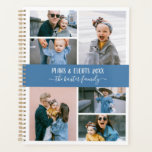 Agenda Colagem de Fotos da Família Branca Azul<br><div class="desc">Planeador de na moda,  você pode personalizar com seis de suas próprias fotos em uma colagem de fotos minimalista. Personalize ainda mais o seu nome ou nome familiar em letras brancas de caligrafia. A parte traseira apresenta um padrão de listras azuis e brancas de pré-disquete.</div>