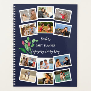 Agenda Colagem de Fotos de Botão de Flor Aquarela Azul Ro