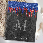 Agenda Colírio Vermelho Azul Negro Coloca Monograma de Co<br><div class="desc">Planejador de calendário monograma personalizado. Mantenha todos os seus compromissos e agendamento à mão com nosso moderno e elegante azul preto e vermelho brilhando sobre o faux vintage planejador de couro com monograma personalizado inicial e nome. Esse planejador exclusivo é perfeito para planejamento de escritório, agenda escolar, compromissos familiares e...</div>