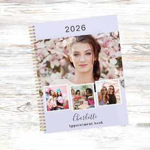 Agenda compromissos de colagem de fotos em lavanda 2026