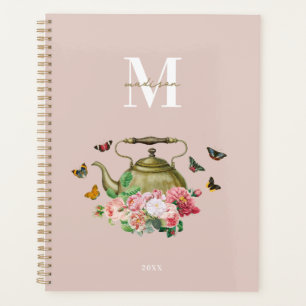 Agenda Conjunto de Chá Rosa Floral & Borboletas Monograma