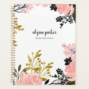 Agenda Cor-de-água rosa e Dourada e preta Floral