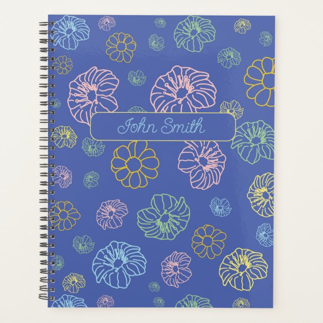 Agenda Cor - de - rosa, amarelo, verde, flores azuis_ Pad (Frente)