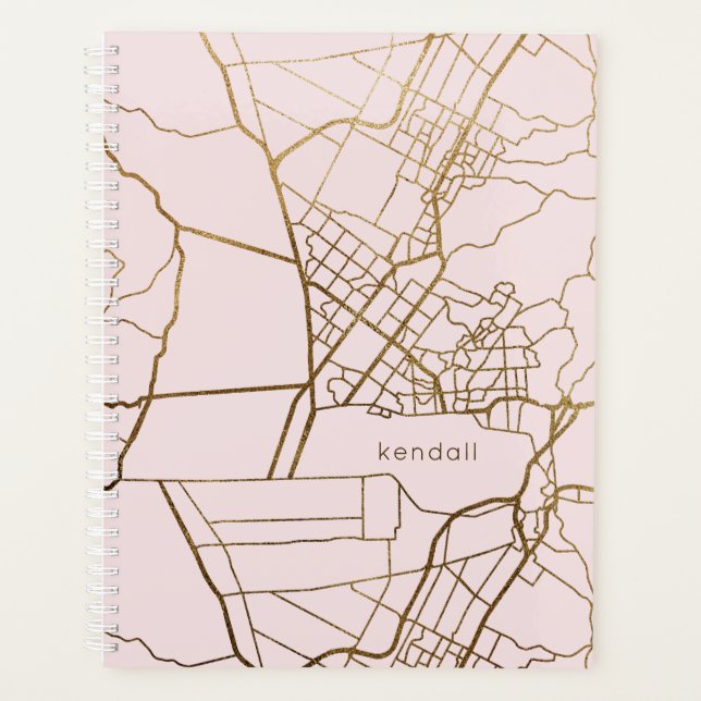 Agenda Cor-de-rosa com Dourado mapa de aparência e nome (Frente)