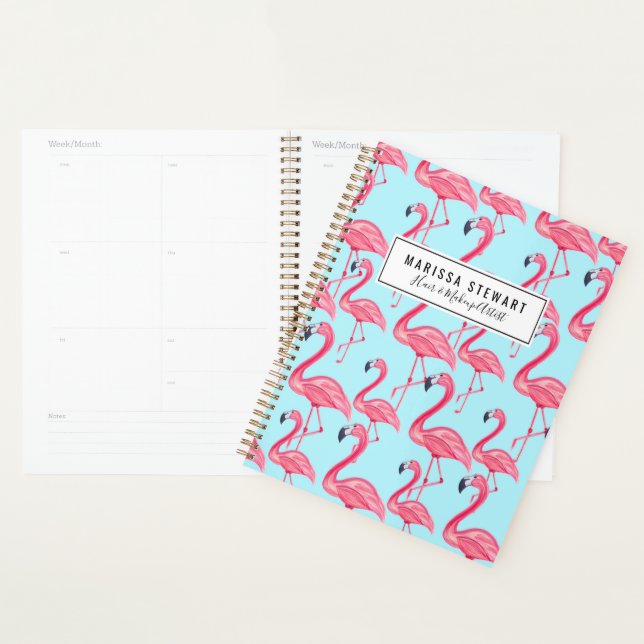 Agenda Cor-de-rosa-rosa pintada com Flamingo, padrão azul (Exibição)