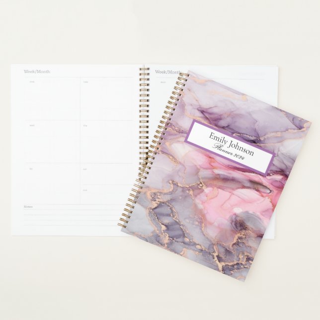 Agenda cor-de-rosa, roxo, mármore ouro (Exibição)