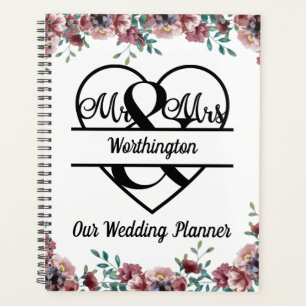 Agenda Coração com Nome Floral Rosa Monograma Casamento