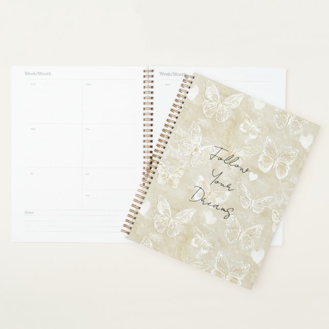 Agenda Corações Borboletas Branco Creme Romântico (Exibição)