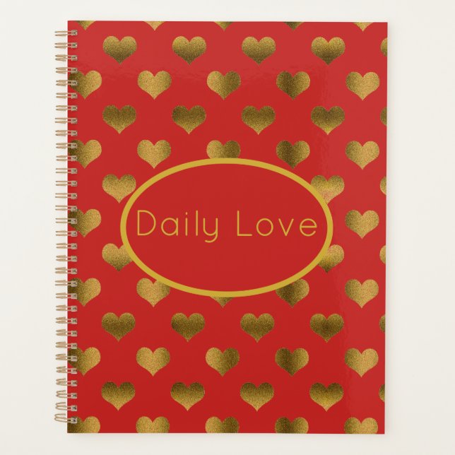 Agenda Corações Dourados em Vermelho Personalizável (Frente)