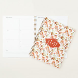 Agenda Coral com Conchas e Caranguejos Monograma