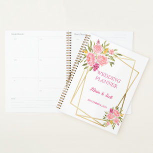 Agenda Coral Rosa Floral e Dourado Casamento Elegante