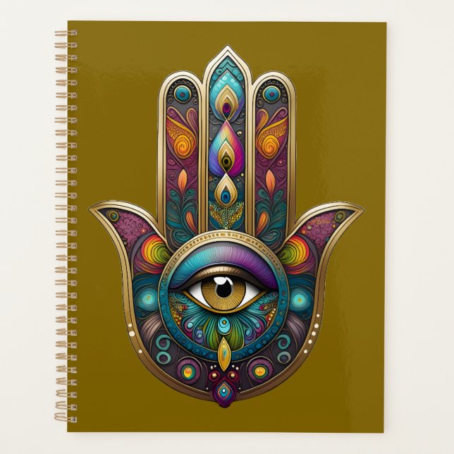 Agenda Cores de Pavão Hamsa com Terceiro Olho Dourado (Frente)