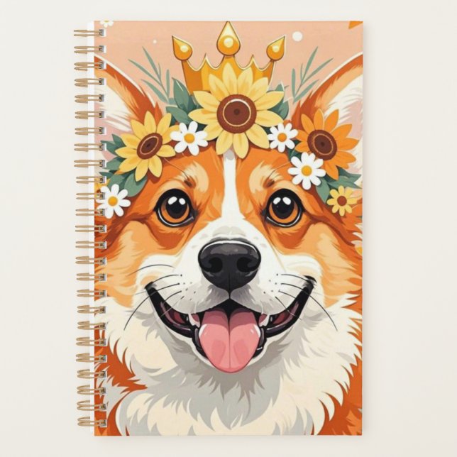 Agenda Coroa animada de cão-corgi de margarida e girassói (Frente)