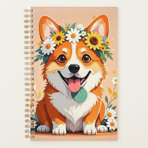 Agenda Coroa animada de cão-corgi de margarida e girassói