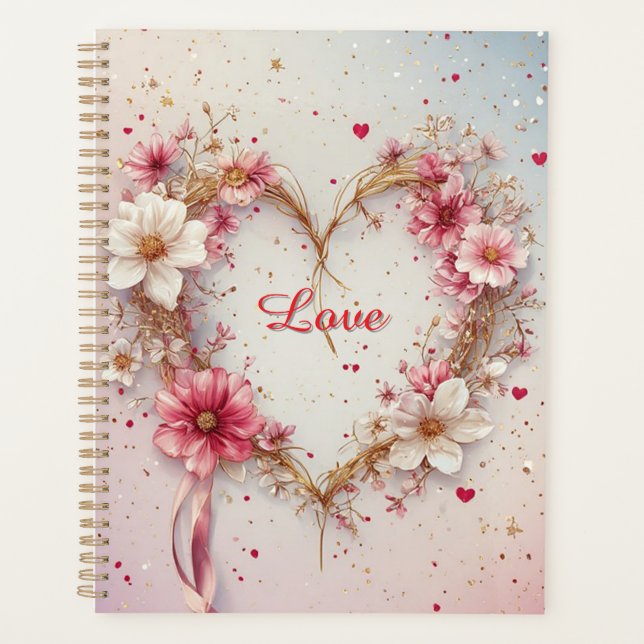 Agenda Coroa de Coração Floral Rosa Romântica (Frente)