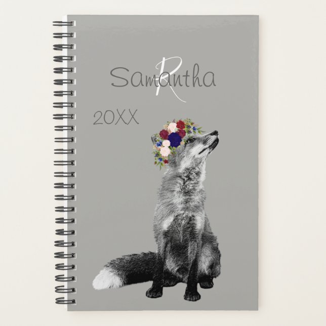 Agenda Coroa De Flor De Raposa Preto E Branco Monograma D (Frente)