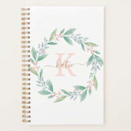 Agenda Coroa Floral Monogramada em Aquarela Rosa