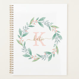 Agenda Coroa Floral Monogramada em Aquarela Rosa
